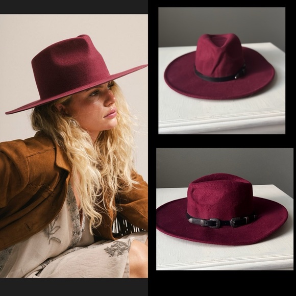 Burgundy Wide Brimmed Hat with Black Band - Picture 1 of 10